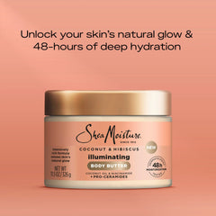 SheaMoisture Illuminating Body Butter with Coconut & Hibiscus, Niacinamide and Pro-Ceramides, Renewing Skin’s Natural Glow, 48H Moisturizing 11.5 oz,(Pack of 2)