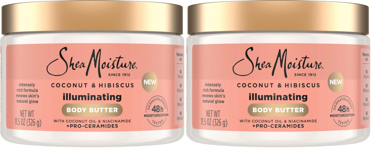 SheaMoisture Illuminating Body Butter with Coconut & Hibiscus, Niacinamide and Pro-Ceramides, Renewing Skin’s Natural Glow, 48H Moisturizing 11.5 oz,(Pack of 2)