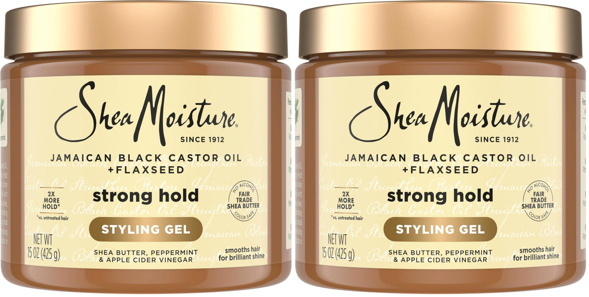 SheaMoisture Strong Hold Styling Gel+Flaxseed Jamaican Black Castor Oil Gives Controlled Style,Infused With Castor Seed Oil,SheaButter & Indulgent Scent ParabenFree AntiFrizz Hair Gel 15oz (Pack of 2)